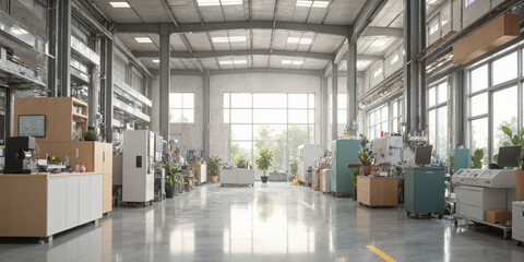 Clean Energy Production Facility A spacious and eco-friendly clean energy production facility, with solar panel assembly lines and renewable energy