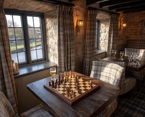 Chessboard set up in a rustic pub with a river view.