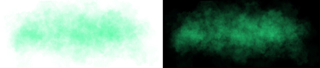 Realistic green smoke cloud with soft edges and transparent texture shown on white and black backgrounds for design use