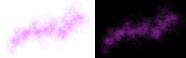 Realistic pink purple smoke cloud with soft edges and transparent texture shown on white and black backgrounds for design use