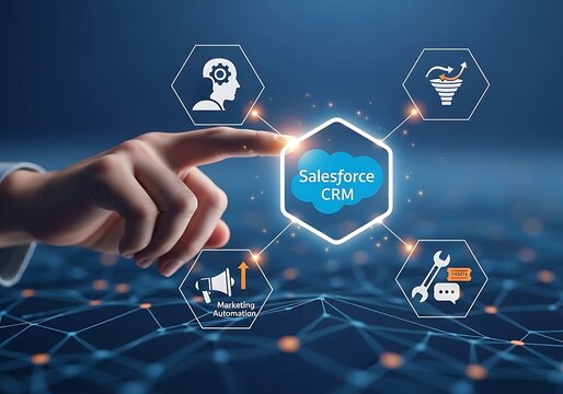 A hand points to a virtual screen displaying salesforce crm surrounded by icons, symbolizing customer relationship management and its various components in a modern business context
