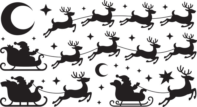 Multiple Santa Claus Sleighs with Reindeer, Moon and Stars Silhouettes Keywords: santa claus, santa, sleigh, reindeer, moon, stars, night, christmas, holiday, winter, season, december, celebration