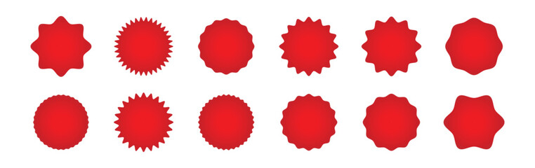 Red sticker set - collection of special offer sale round and oval sunburst labels. Red shapes and starburst designs. label or burst, badge, sticker. Vector EPS10.	