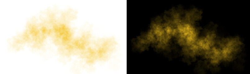 Realistic yellow smoke cloud with soft edges and transparent texture shown on white and black backgrounds for design use