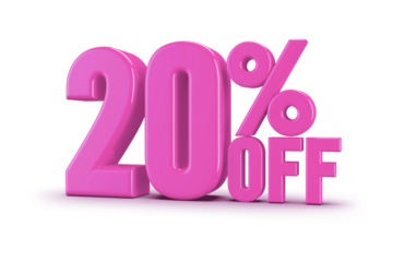 Vibrant pink 3D text displaying '20% OFF' prominently, signaling a significant discount on products or services, perfect for sales promotions and marketing materials