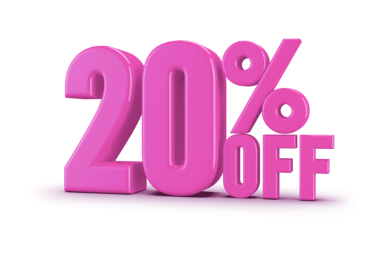 Vibrant pink 3D text displaying '20% OFF' prominently, signaling a significant discount on products or services, perfect for sales promotions and marketing materials
