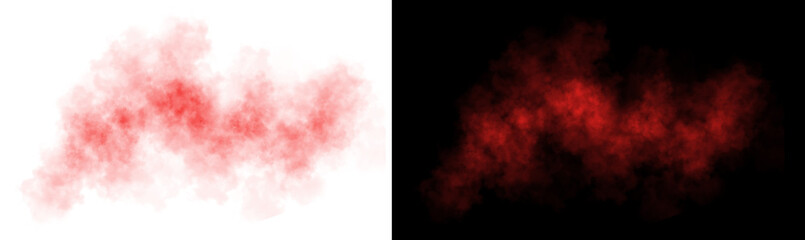 Realistic red smoke cloud with soft edges and transparent texture shown on white and black backgrounds for design use