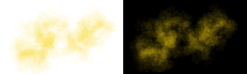 Realistic yellow smoke cloud with soft edges and transparent texture shown on white and black backgrounds for design use