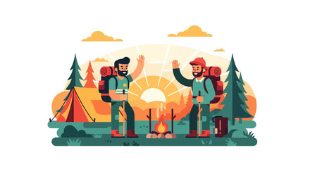 Naklejka premium Adventurous Campers Celebrating Their Wilderness Journey With Cheerful Gestures