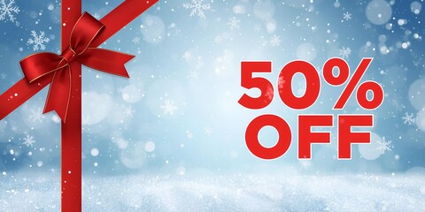 50% sale tag with red ribbon