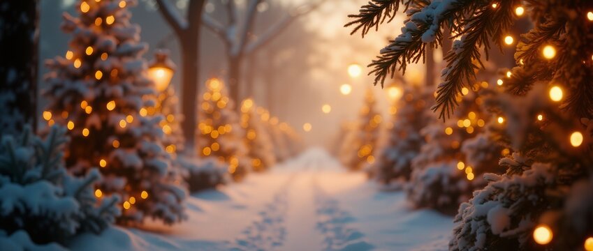 Christmas background banner with a winter alley among snow-covered fir trees with christmas lights in soft garland light - Powered by Adobe