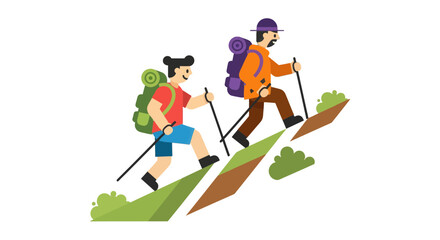Fototapeta premium Adventurous Climbers Ascending Hill, Hiking Together, Black Background, Vector Illustration