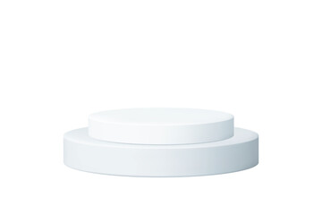 A simple and elegant white cylindrical two-step podium for product display, isolated on a clean white background. 3D render of a minimal stage or pedestal for showcasing items