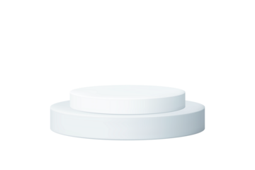 A simple and elegant white cylindrical two-step podium for product display, isolated on a clean white background. 3D render of a minimal stage or pedestal for showcasing items