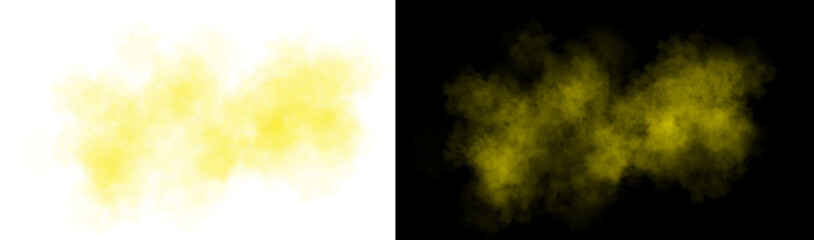 Realistic yellow smoke cloud with soft edges and transparent texture shown on white and black backgrounds for design use