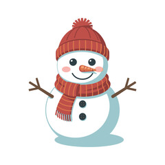 A cheerful snowman wearing a red hat and scarf stands against a white background.