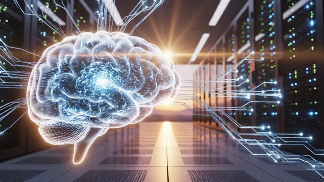 A digital brain is interconnected with glowing circuits in a server room, illustrating the fusion of biology and technology. This intricate scene highlights brain functions and dat