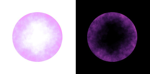 Realistic circular pink smoke frame with soft edges and transparent texture isolated on white and black backgrounds for design use