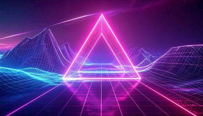 Neon triangle frame over glowing grid waves and mountains in a retro synthwave landscape, purples and blues