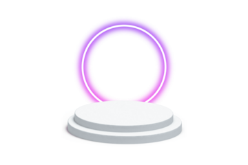 A 3D rendered white podium with a glowing purple neon ring, creating a futuristic empty stage for product presentation or a modern showcase