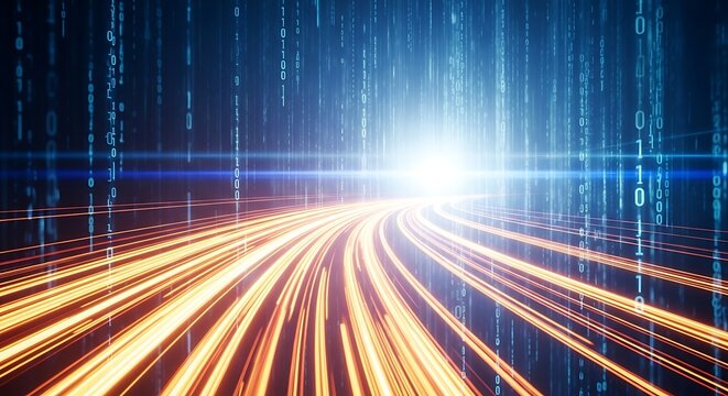 Abstract technology background showing light trails and binary code, representing high speed data transfer and digital communication in the modern era