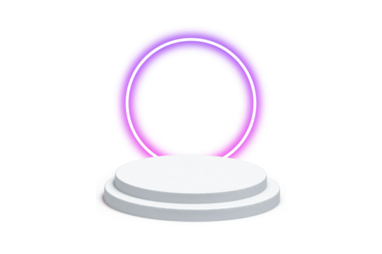 A 3D rendered white podium with a glowing purple neon ring, creating a futuristic empty stage for product presentation or a modern showcase