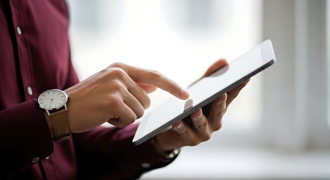 Close up of man using digital tablet, touching screen with finger, wearing watch and burgundy shirt by window in bright light
