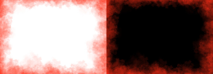 Realistic rectangular orange red smoke flame frame with soft edges and transparent texture shown on white and black backgrounds for design use