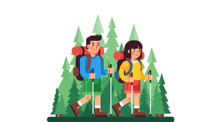 Adventurous Couple Hiking Together In Forest With Green Trees And Black Background