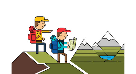 Adventurous Couple Journeying The Mountainous Terrain With Map And Expedition Gear