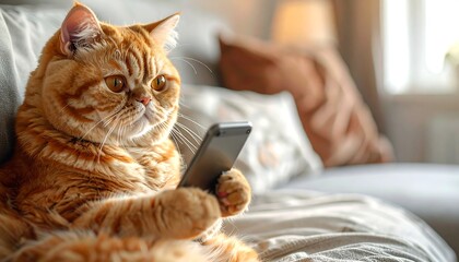 Orange cat attentively looks at phone screen while lounging on a couch in a brightly lit, comfortable living room