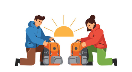 Adventurous Couple Prepares for Morning Expedition Under Bright Sunlight Illustration