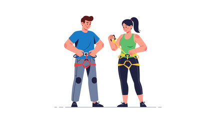 Adventurous Couple Prepares For Mountain Climbing With Proper Safety Equipment Ready