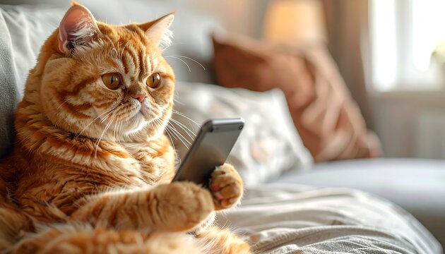 Orange cat attentively looks at phone screen while lounging on a couch in a brightly lit, comfortable living room