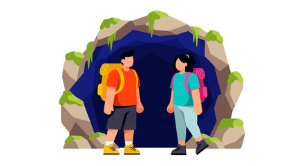 Adventurous Couple Standing At The Entrance Of A Mysterious Dark Cave In A Graphic Style