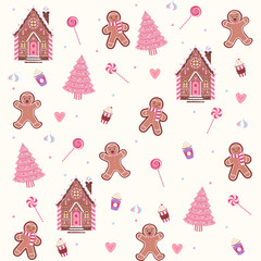 Pink Gingerbread Wonderland Seamless Christmas Pattern