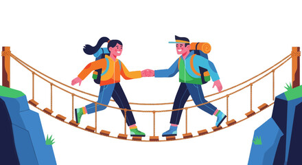 Adventurous Couple Traversing a Suspension Bridge with Excitement and Determination