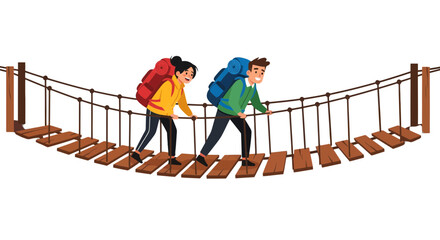 Adventurous Couple Traversing a Suspension Bridge with Backpacks Against Black Background