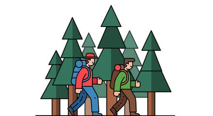 Adventurous Couple Traversing Forest On Trail, Illustrated Hiking Adventure In Nature