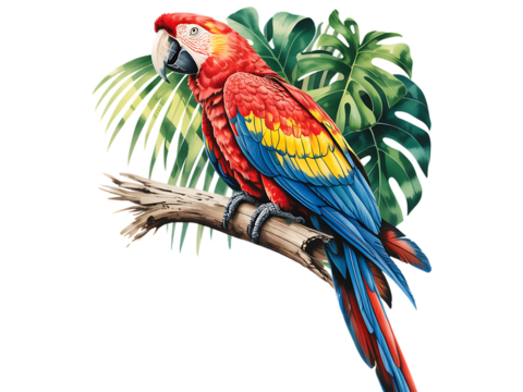 Vibrant scarlet macaw perched on a branch