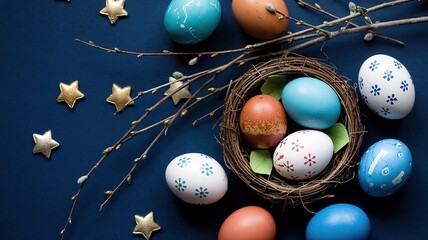 Colorful Easter Eggs in Nest with Gold Stars and Branches on Blue Background