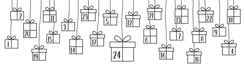 advent calendar 24 christmas gifts isolated vector illustration