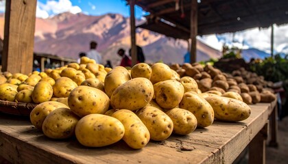 Raw potatoes piled high on a weathered wooden surface at an outdoor market, against a mountain backdrop