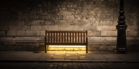 Park bench illuminated by warm light sits beside a stone wall at night.
