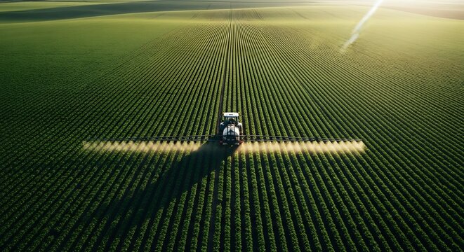 An aerial view captures a tractor meticulously spraying a vast field of crops, highlighting the scale and precision of modern agriculture practices - Powered by Adobe