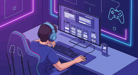 Cartoon illustration of a designer or gamer working at a computer in a stylish purple room