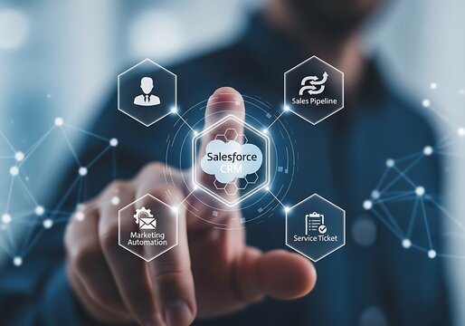 A hand pointing at a digital salesforce logo with icons, representing cloudbased software and customer relationship management in a modern technological setting