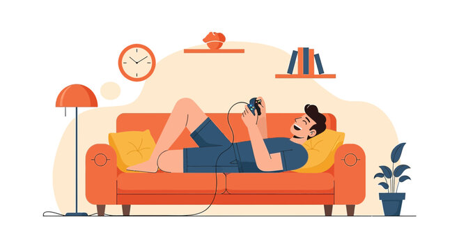 Cheerful man enjoying video gaming on couch, leisure time and relaxation at home depicted