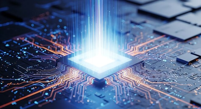Close up of a computer processor with glowing light, representing technology, artificial intelligence, and futuristic computing concept