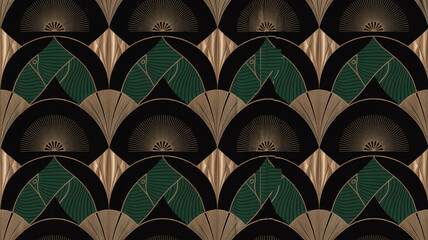 Seamless Art Deco pattern, metallic gold fan shapes, emerald green fish motifs, diamond segments, sunburst texture, symmetrical luxury, elegant vintage 1920s design, seamless tileable.